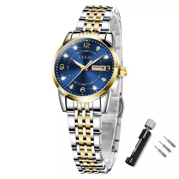 Taxau Аналоговые кварцевые модные популярные часы Дата День Водонепроницаемые маленькие синие часы Золото Серебро Нержавеющая сталь браслет Бизнес часы Синий циферблат Золото