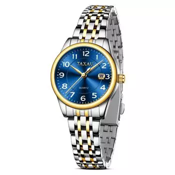 Taxau Ladies Quartz Watch Waterproof Blue Dial Date Display Stainless Steel Band Luminous Easy to Read (Small)