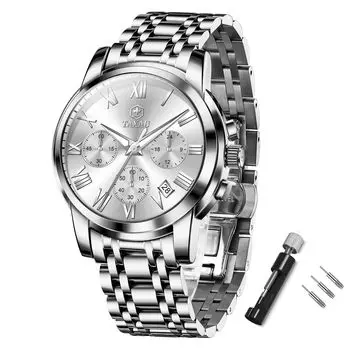 Taxau Men s Chronograph Quartz Watch Waterproof Stainless Steel Large White Dial Roman Numerals
