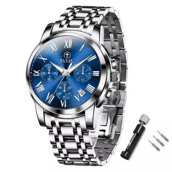 Taxau Men s Quartz Chronograph Watch Waterproof Blue Dial Date Display Stainless Steel Band Roman Numerals Business Watch
