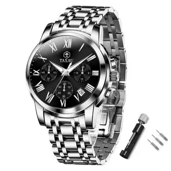 Taxau Men s Quartz Chronograph Watch Waterproof Black Dial Date Display Stainless Steel Band Roman Numerals Large Business Watch