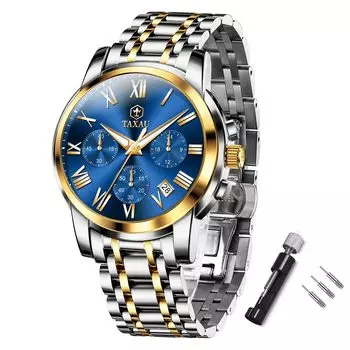 Taxau Men s Quartz Chronograph Watch Waterproof Blue Dial Date Display Stainless Steel Band Roman Numerals 41mm Business Watch