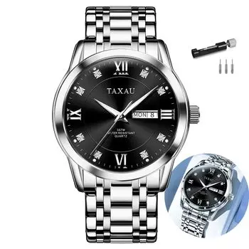 Taxau Men s Quartz Watch Waterproof Black Dial Date Display Stainless Steel Band Easy to Read Large Calendar Watch