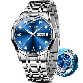 Taxau Men s Quartz Watch Waterproof Blue Dial Date Display Stainless Steel Band Lightweight Easy to Read (Large)