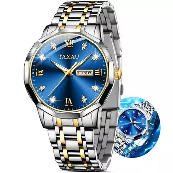 Taxau Men s Quartz Watch Waterproof Blue Dial Date Display Stainless Steel Band Easy to Wear (Large)