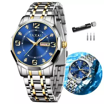 Taxau Men s Quartz Watch Waterproof Blue Dial Date Display Gold Silver Stainless Steel Band Lightweight Easy to Read