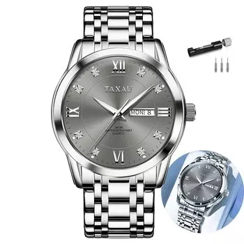 Taxau Men s Quartz Watch Waterproof Gray Dial Date Display Stainless Steel Band Easy to Read (Large)
