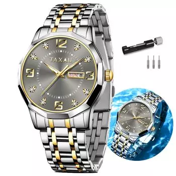 Taxau Men s Quartz Watch Waterproof Gray Dial Calendar Display Gold Silver Stainless Steel Band Lightweight Easy to Read
