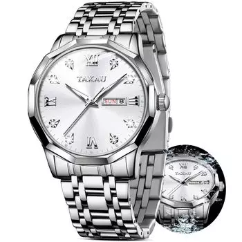 Taxau Men s Quartz Watch Waterproof Stainless Steel Band Date Display Large White Dial Easy to Read