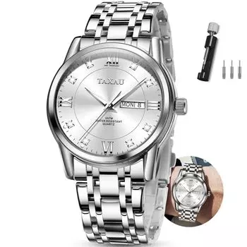Taxau Men s Quartz Watch Waterproof White Dial Date Display Stainless Steel Band Lightweight Easy to Read