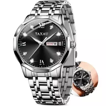 Taxau Men s Quartz Watch Waterproof White Dial Date Display Stainless Steel Band Easy to Read Business Watch
