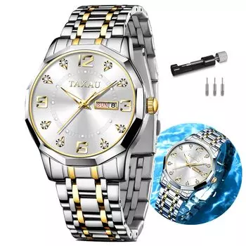 Taxau Men s Quartz Watch Waterproof White Dial Date Display Gold Stainless Steel Band Lightweight Easy to Read