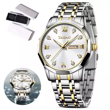 Taxau Men s Quartz Watch Waterproof White Dial Date Display Stainless Steel Band Lightweight Easy to Read (Large)