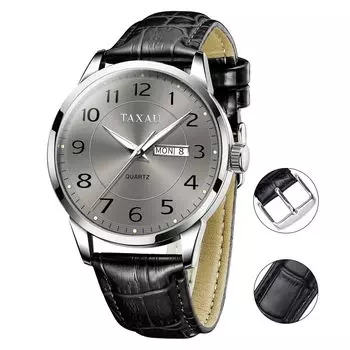 Taxau Мужские кварцевые часы с серым циферблатом, водонепроницаемым дисплеем и черным кожаным ремешком, легкие и удобные для чтения