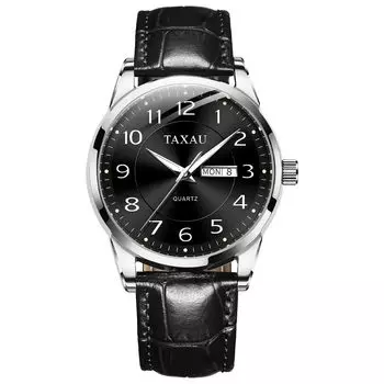 Taxau Мужские кварцевые часы, водонепроницаемые, с черным циферблатом, с дисплеем даты, с кожаным ремешком, легкие, легко читаемые