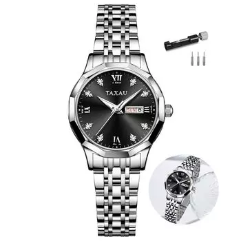 Taxau Women s Quartz Watch Waterproof Black Dial Date Display Stainless Steel Band Luminous Lightweight Easy to Read