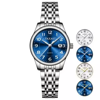 Taxau Women s Quartz Watch Waterproof Blue Dial Stainless Steel Band Date Display Easy to Read (Small)