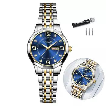 Taxau Women s Quartz Watch Waterproof Blue Dial Date Display Stainless Steel Band Lightweight Luminous Easy to Read