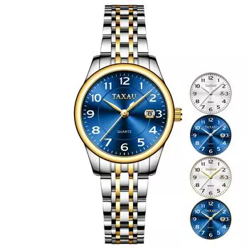 Taxau Women s Quartz Watch Waterproof Blue Dial Date Display Stainless Steel Band Lightweight Easy to Read