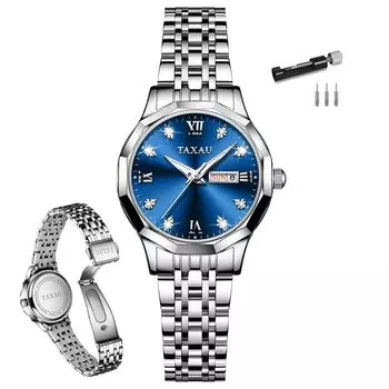 Taxau Women s Quartz Watch Waterproof Blue Dial Date Display Stainless Steel Band Luminous Lightweight Easy to Read (Small)