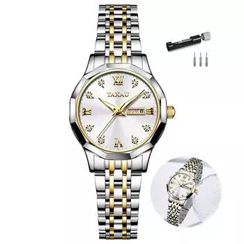 Taxau Women s Quartz Watch Waterproof White Dial Date Display Gold Stainless Steel Band Luminous Lightweight Easy to Read Gift for Mother s Day