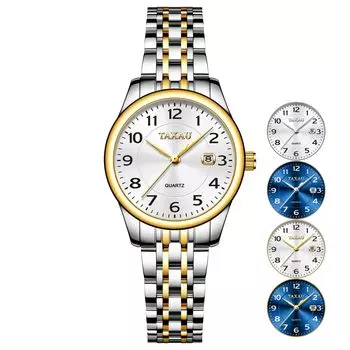 Taxau Women s Quartz Watch Waterproof White Dial Date Display Gold Stainless Steel Band Lightweight Easy to Read