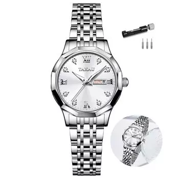 Taxau Women s Quartz Watch Waterproof White Dial Calendar Display Stainless Steel Band Luminous Easy to Read