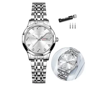 Taxau Women s Quartz Watch Waterproof White Dial Date Display Stainless Steel Band Luminous Lightweight Easy to Read (Small)