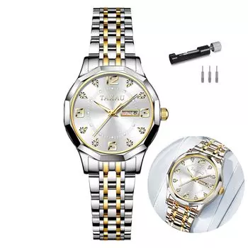Taxau Women s Quartz Watch Waterproof White Dial Date Display Gold Stainless Steel Band Luminous Lightweight Easy to Read
