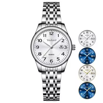 Taxau Женские кварцевые часы Водонепроницаемые из нержавеющей стали Белый циферблат Календарь Легко читаемый