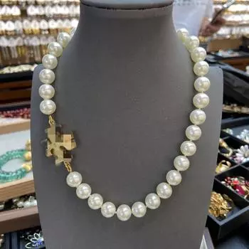 TB Pearl Necklace Earrings Ring 8 Piece Set Copper Plated Matte Gold Marked Logo Trendy Brand Retro Fashion Jewelry