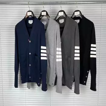TB Unisex Wool Cardigan with Four Stripes - Casual Autumn/Winter Jacket Medium