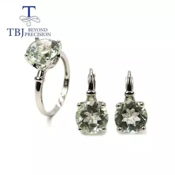 TBJ, 100% натуральный зеленый аметист, драгоценный камень, кольцо, серьги из стерлингового серебра 925 пробы, комплект ювелирных изделий, простые повседневные женские изысканные украшения us ring size 6# зелёный
