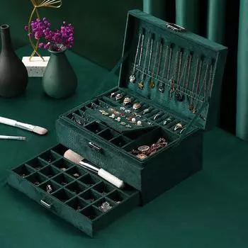 TDZQ Большая 3-слойная шкатулка для драгоценностей с кожаной отделкой, ящик для хранения, шкаф, органайзер для ожерелья зелёный