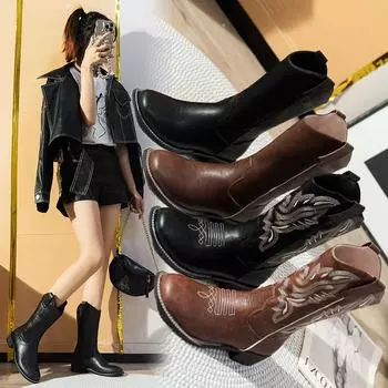 Те же самые ковбойские сапоги в стиле вестерн от He Sui, женские, 2024, новые ретро-сапоги с вышивкой, рыцарские сапоги на толстом каблуке и толстой подошве средней высоты 35