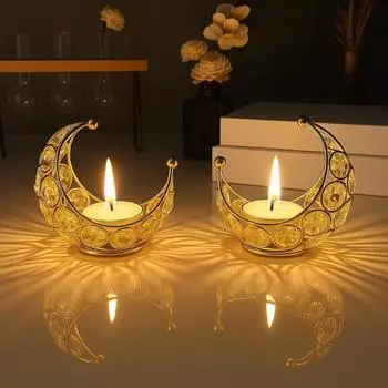 Tea Light Crystal Candle Holder Moon Shaped, Metal Lanterns, Diwali Puja Home Decor Item Diya TeaLight Return Gifts for Pooja золотистый