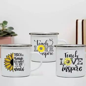Teach love inspire Sunflower Print Mugs White Handle Juice Drink Cup Enamel Milk Dessert Cup School Class Water mug Holiday Gift