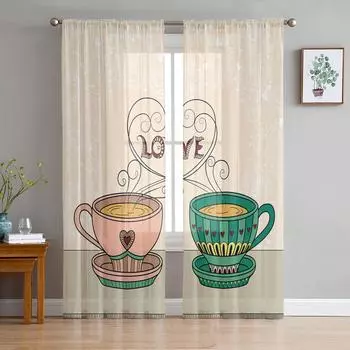 Чайная чашка Серый Рабочий стол Любовь Белый Узор Прозрачные шторы Гостиная Окно Тюль Шторы Спальня Вуаль Шторы Роскошные шторы W135 x H114cm