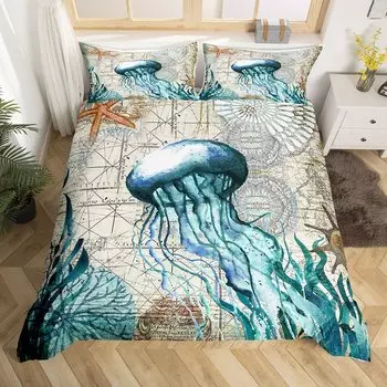 Комплект постельного белья Teal Size Ocean Decor, пододеяльник с изображением медузы, комплект постельного белья Ocean Bedroom Decor, пододеяльник, 1 наволочка EU single(135x200cm)