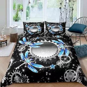Teal Dragonfly Bedding Sets Mechanical Gear Comforter Cover Diamond Gem Glitter Dreamlike Duvet Cover Set for Kids Girls Women US Queen(228x228cm)