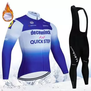 Team 2024 Quick Step Winter Thermal Fleece Cycling Jersey Set Men Cycling Clothing Maillot MTB Bicycle Clothing Bib Pants suit S