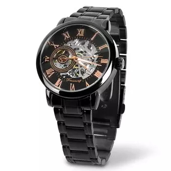 TeamSky механические часы с римскими цифрами ретро полые механические часы стальной браслет B мужские (Черный корпус/нержавеющая сталь (Тип полосы))