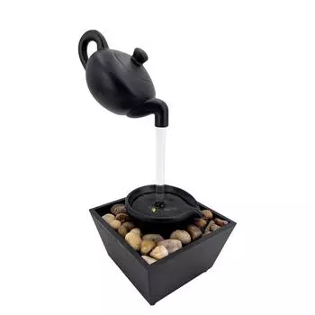 Чайник фонтан орнамент USB 5V батарея блок питания настольное украшение имитация водопада со светодиодными лампами и галькой чёрный