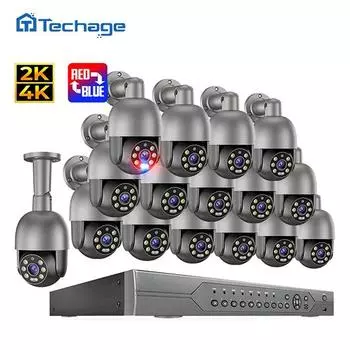 Techage 16CH 4MP 8MP PTZ AI POE Система безопасности IP-камера 2K 4K CCTV Видеонаблюдение NVR Комплект Двухстороннее аудио Открытый P2P ONVIF