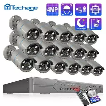 Techage H.265 16-канальная система камер безопасности POE 4MP Smart AI камера двустороннее аудио цветное ночное видение CCTV комплект видеонаблюдения