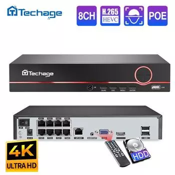 Techage H.265 8CH 4K 5MP 4MP 1080P POE NVR Аудиовыход Сетевой видеорегистратор для видеонаблюдения до 16 каналов для камеры POE Система видеонаблюдения