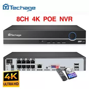 Techage H.265 8CH 4MP 5MP 1080P 4K POE NVR Аудиовыход Сетевой видеорегистратор для видеонаблюдения до 16 каналов для IP-камеры POE