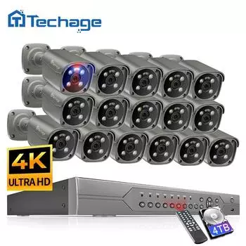 Techage H.265 Ultra HD 4K 16-канальная система камер безопасности POE 8MP Smart AI полноцветная ночная система обнаружения лиц комплект видеонаблюдения