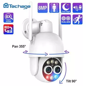 Techage HD 8MP 8X Zoom PTZ Беспроводная IP-камера Двойной объектив 2,8 мм 12 мм Обнаружение человека с автоматическим отслеживанием ONVIF WIFI Камера Полноцветная ночная камера
