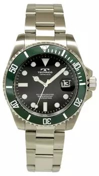[Technos] 3-х стрелочные часы с датой, водонепроницаемость 10 АТМ, мужские, серебристые, T6C00MB зелёный